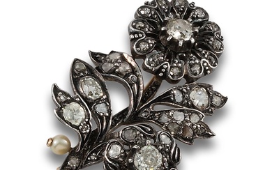 PP BROOCH. 20th S. IN GOLD AND SILVER WITH DIAMONDS AND PEARL