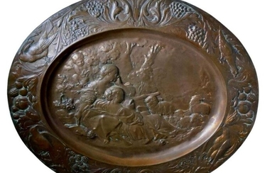 PRESSED COPPER FEMALES W SHEEP BOTANICAL CHARGER c.1900