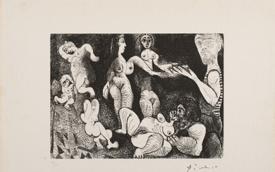 Pablo Picasso ( Malaga 1881 - Mougins 1973 ) , "Marin rêveur avec deux femmes" 1970 etching and drypoint plate cm 15x 20.8 Printed signature Numbered 13/50 lower left. Published...