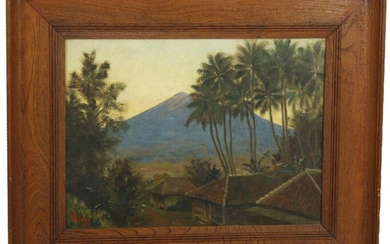 Paintings, engravings, etc. - Carel Louis II Dake (1886-1946), face on a kampong with a volcano in the background, oil on panel, signed - 38 x 51 cm
