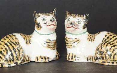 Pair Antique English Staffordshire Pottery Cats