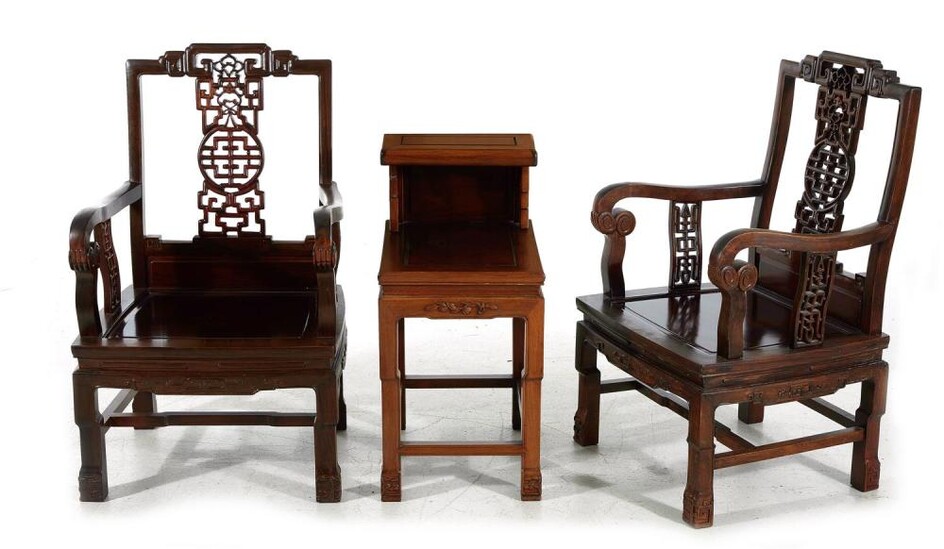 Pair Chinese carved hardwood armchairs and table (3pcs)
