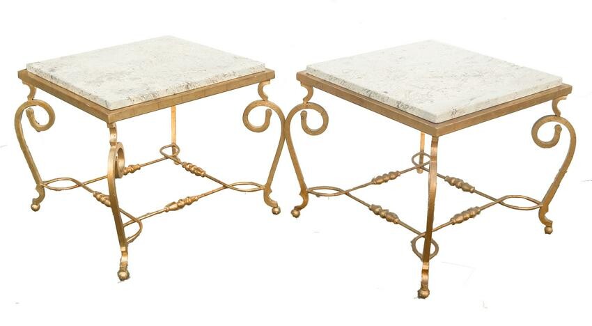 Pair Gilt Bronze & Travertine End Tables