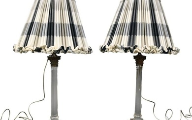 Pair Glass Column-Form Lamps - A pair of vintage column lamp bases with silverplated Corinthian