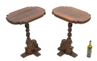 Pair Mahogany Carved Lion & Cherub Side Tables