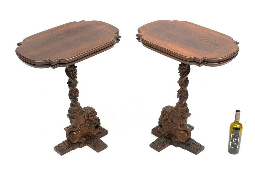 Pair Mahogany Carved Lion & Cherub Side Tables
