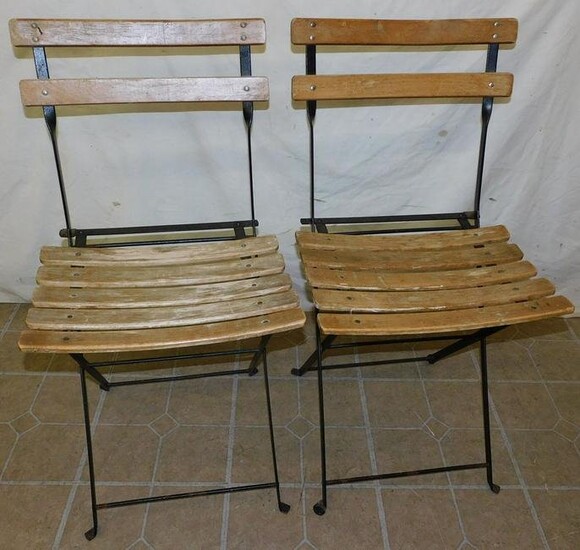 Pair Wrought Iron & Wood Folding Chairs