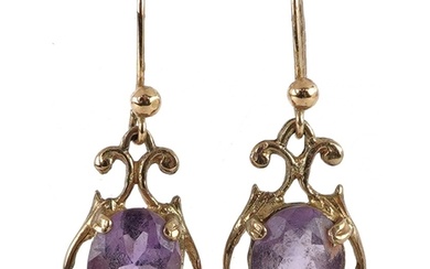 Pair of 9ct gold amethyst drop earrings, 3cm high, total 2.6...