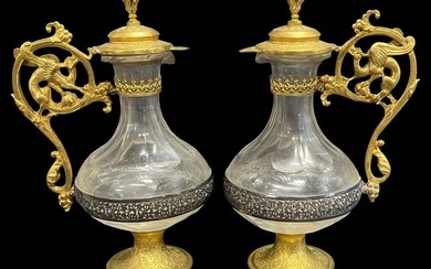 Pair of Antique French Ormolu Gilt Brass & Silver Glass Ewers