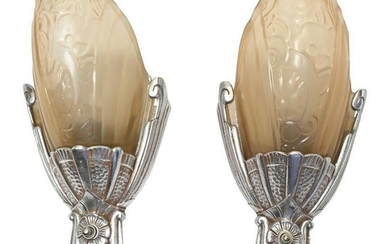 Pair of Art Deco Silver Metal and Amber Glass Sconces.