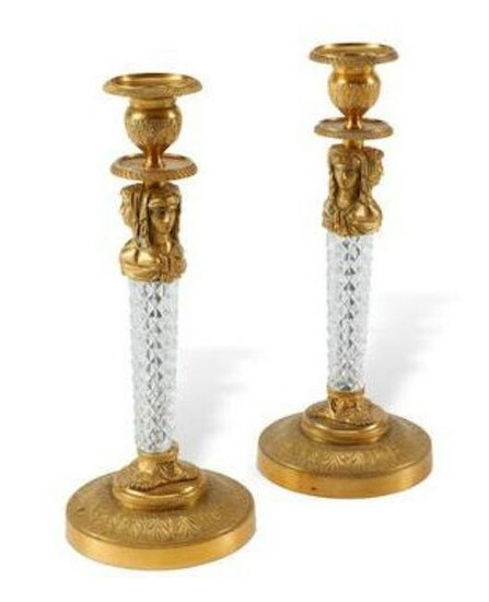Pair of Charles X Gilt Bronze & Glass Candlesticks