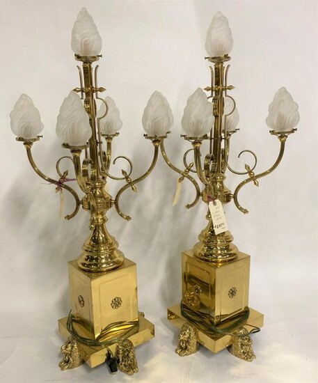 Pair of Custom Made Gilt Brass Lion Foot Table Lamps