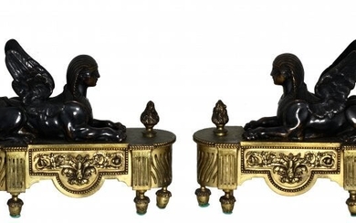Pair of Empire Gilt and Patinated Bronze Chenets