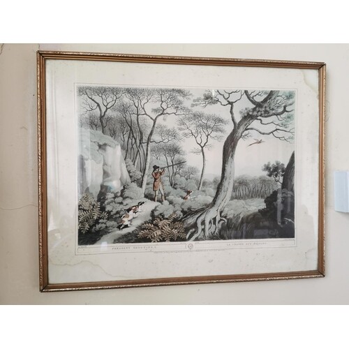 Pair of French coloured hunting prints { 45cm H X 57cm W }.