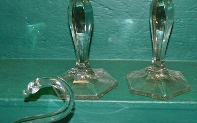 Pair of Glass Candlesticks & Swan Bowl