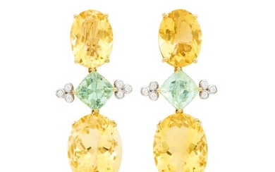 Pair of Gold, Citrine, Tourmaline and Diamond Pendant-Earclips