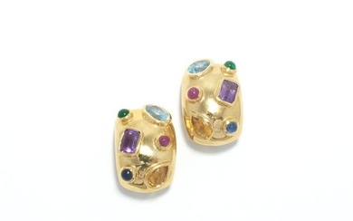 Pair of Gold and Multicolored Stone Bombé Earclips