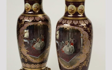 Pair of Monumental Sevres Style Porcelain Vases on Dore