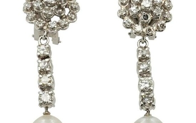 Pair of Platinum Diamond and Pearl Drop Earrings