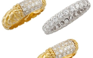 Pair of Two-Color Gold and Diamond Band Rings and Platinum and Diamond Band Ring