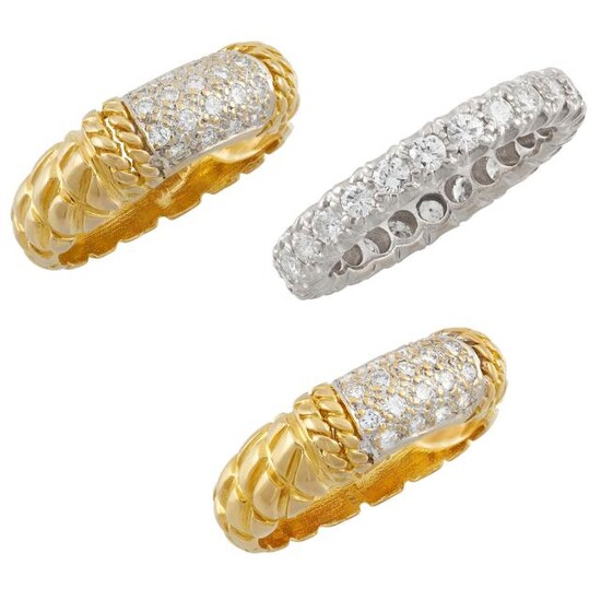 Pair of Two-Color Gold and Diamond Band Rings and Platinum and Diamond Band Ring