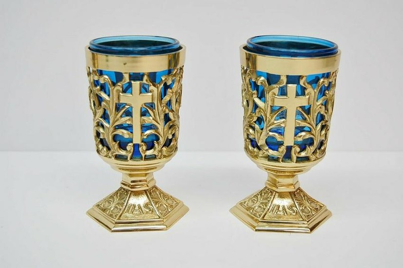 Pair of Votive Light Candle Holders with Blue Glass +