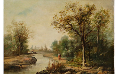 Pair of paintings signed GEORGES, "River with the fisherman" and...