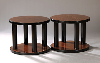 Pair of round side tables, France, 1930s/40s, rosewood veneer, wood...