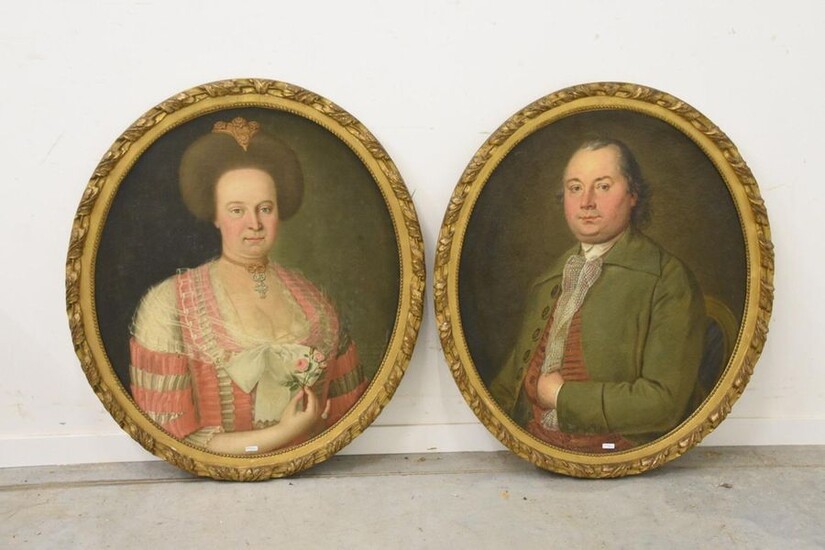 Paire d'huiles sur toile "Portraits d'un couple noble"...
