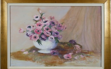 Pastel "Poppies in a Ceramic Bowl" Floral Still Life, 20th Century