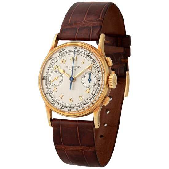 Patek Philippe. Outstanding and Extremely Rare Chronograph Wristwatch in Yellow Gold, Reference 130, With Breguet Numbers Dial and Extract from the Archives