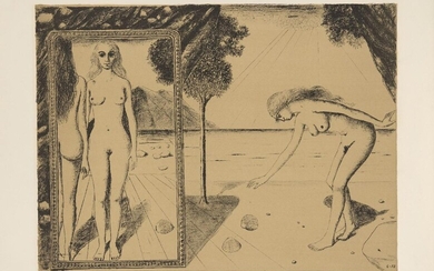 Paul Delvaux, Belgian 1897-1994- The Beach [Jacob 59], 1972; lithograph in colour on wove, signed and inscribed H.C in pencil, an hors commerce aside from the edition of 50, printed by Fernand Mourlot, Paris, published by Galerie Le Bateau Lavoir...