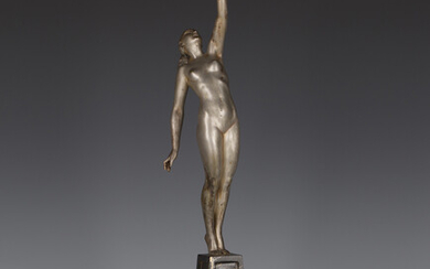 Pierre Le Faguays - Message of Love, an Art Deco silvered cast bronze figure of a nude maiden holdin
