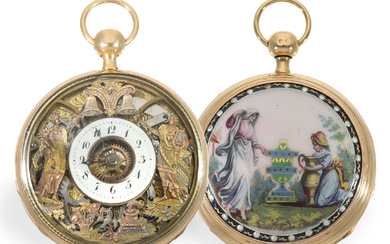 Pocket watch: large gold, skeletonised Jacquemart figure automaton with enamel painting, ca. 1810