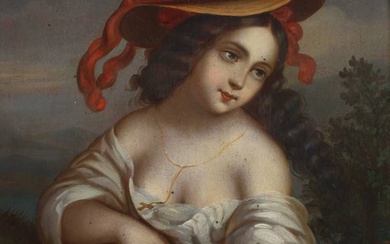 Portrait de femme de l'époque Biedermeier jeune femme aux longs cheveux ouverts, épaules dénudées, grand...