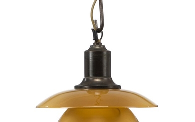 Poul Henningsen: “PH-2/2”. Pendant with socket house of patinated brass. Shades of amber coloured glass.