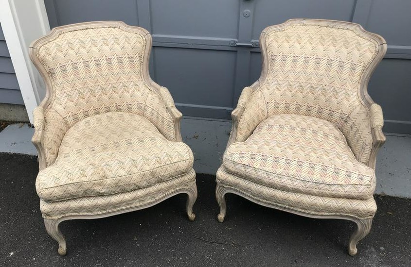 Pr Antique French Provencal Upholstered Armchairs