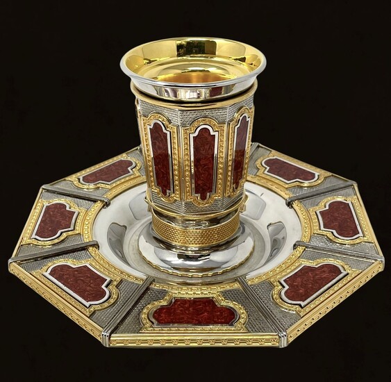 Exquisite Silver and Enamel Kiddush Cup and tray by IMG