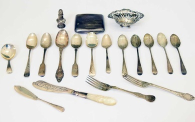 Quantity of silver spoons and flatware, George V cigarette case, etc