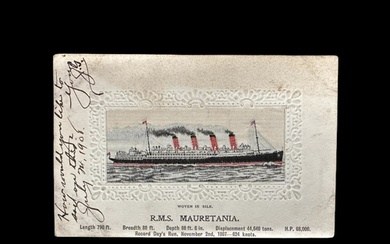 R.M.S. MAURETANIA: Unusual on board silk postcard, postally...