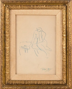 ROBERT HENRI, New York/Pennsylvania/Ohio, 1865-1929, A female nude seated at a table., Colored pencil on paper, 10" x 6.75" sight. F...