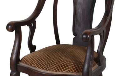 ROCOCO STYLE MAHOGANY ARMCHAIR AND TILT-TOP TABLE Chair: 33 1/4 x 21 x 24 1/2 in. (84.5 x 53.3 x 62.2 cm.)