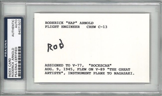 ROD ARNOLD SIGNED INDEX CARD PSA DNA 84071507 (D) BOCKSCAR GREAT ARTISTE 8/9/45