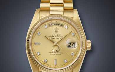 ROLEX, RARE YELLOW GOLD AND DIAMOND-SET 'DAY-DATE', WITH QABOOS SIGNATURE, REF. 18038