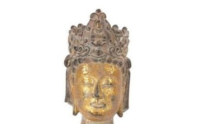 Rare Chinese Gilt Painted Limestone Buddha Head