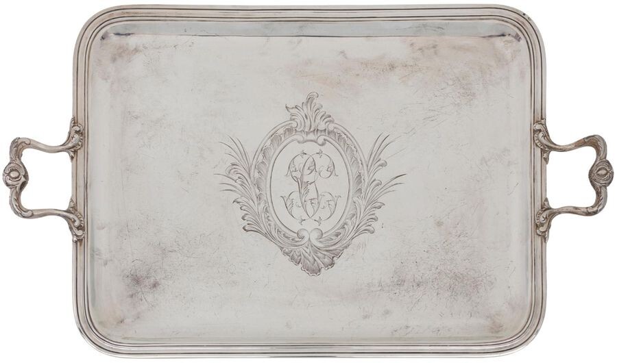 Rectangular silver tray with two handles, moulded with...