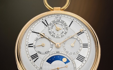 Roger Smith, A unique, career defining, and historically important yellow gold perpetual calendar tourbillon pocket watch with moon phase, leap year indicator, and spring detent escapement, every component hand-made by Roger Smith
