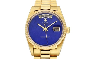 Rolex Reference 18038 Day-Date | A yellow gold automatic wristwatch with day, date, bracelet and lapis lazuli dial, Circa 1985