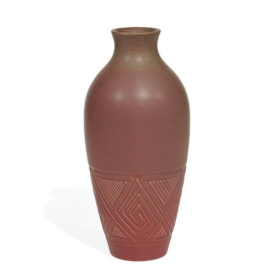 Rookwood Pottery vase in green over rose