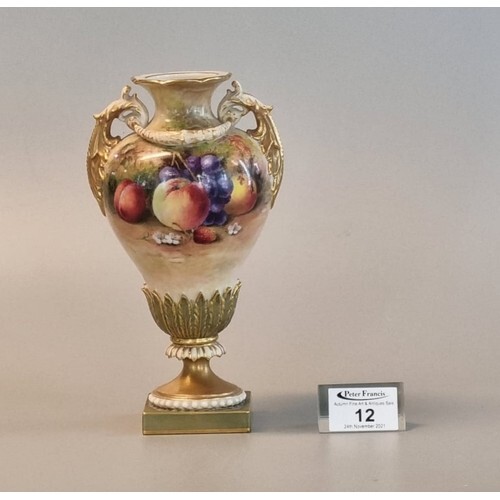 Royal Worcester porcelain two handled pedestal vase hand pai...